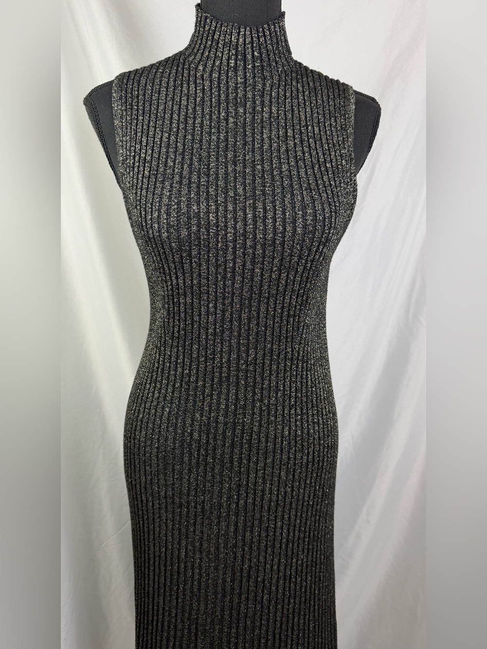 DKNY Black Metallic Ribbed Sleeveless Maxi Dress XL Shimmer Evening Glam Gown - Picture 2 of 7